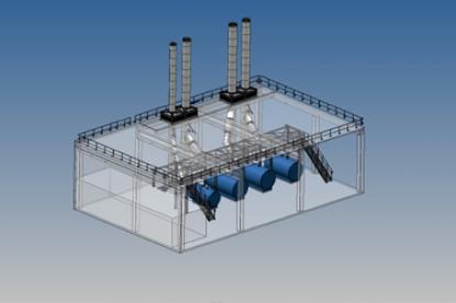 Implantation 3D dune chaufferie (quatre chemines + raccordements + une passerelle)