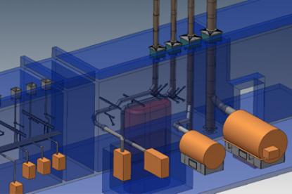 Implantation 3D dune chaufferie (quatre chemines + raccordements + quipements annexes)